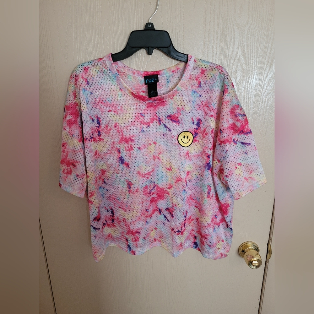 Rue21 Plus Size Neon Tie Dye Mesh Smiley Face Crop Top Womens Suze 2XL